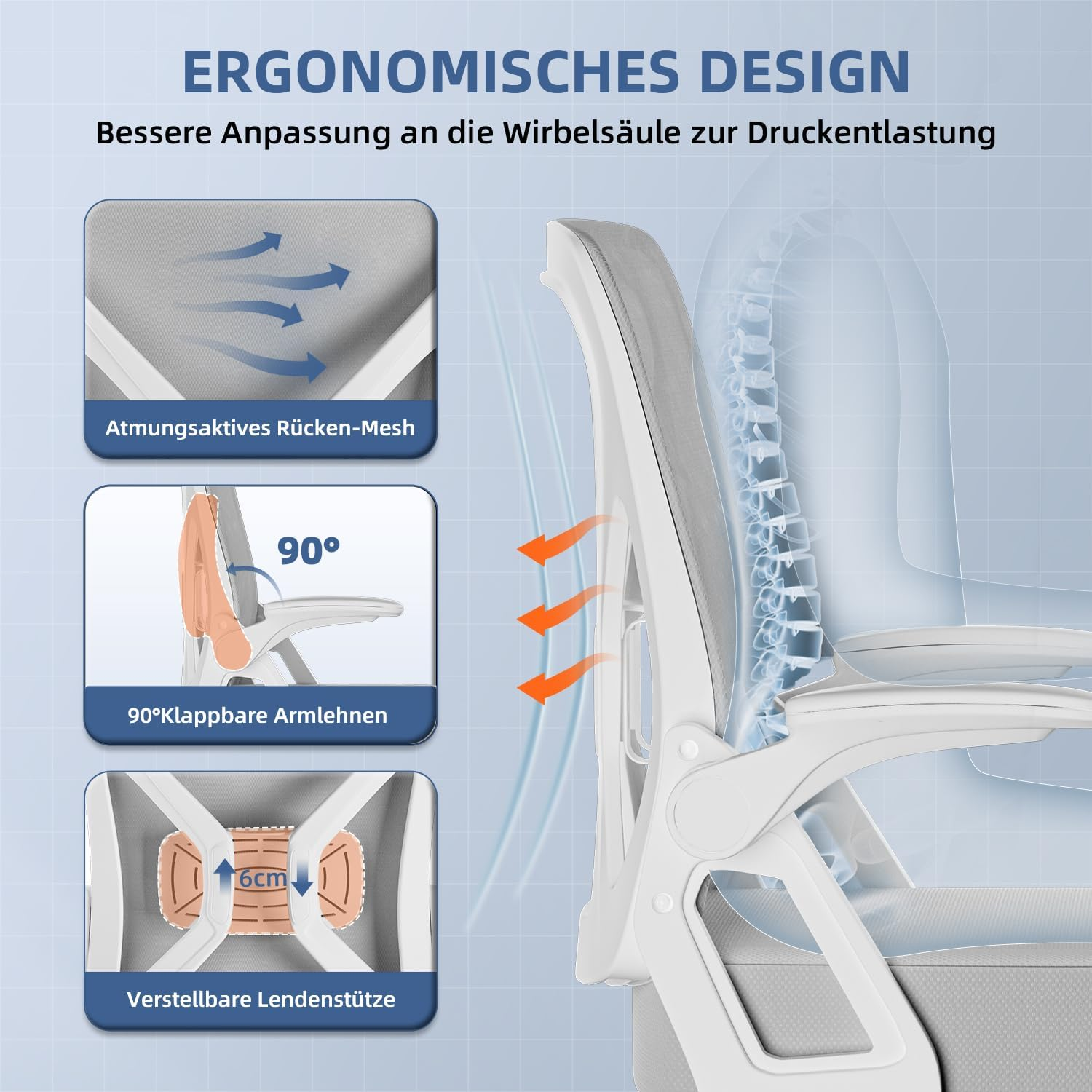 GTIMEX Bürostuhl Ergonomisch, Schreibtischstuhl mit Hochklappbaren Armlehnen, Einstellbarer Lendenstütze, Höhenverstellbarer Chefsessel Drehstuhl, Bürostuhl mit Wippfunktion bis 125°, Grau