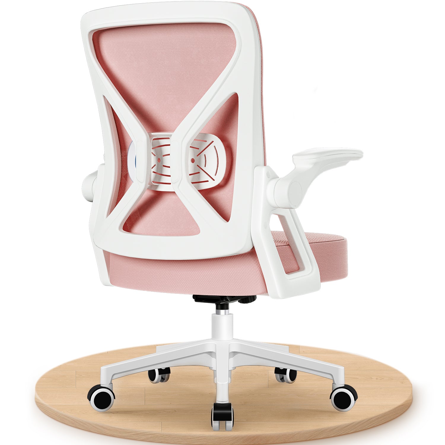 GTIMEX Bürostuhl, Schreibtischstuhl Bürostuhl Ergonomisch mit Einstellbarer Lendenstütze, Hochklappbaren Armlehnen, Höhenverstellbarer Chefsessel, Rückenschonend, Netzstuhl mit Wippfunktion,Rosa