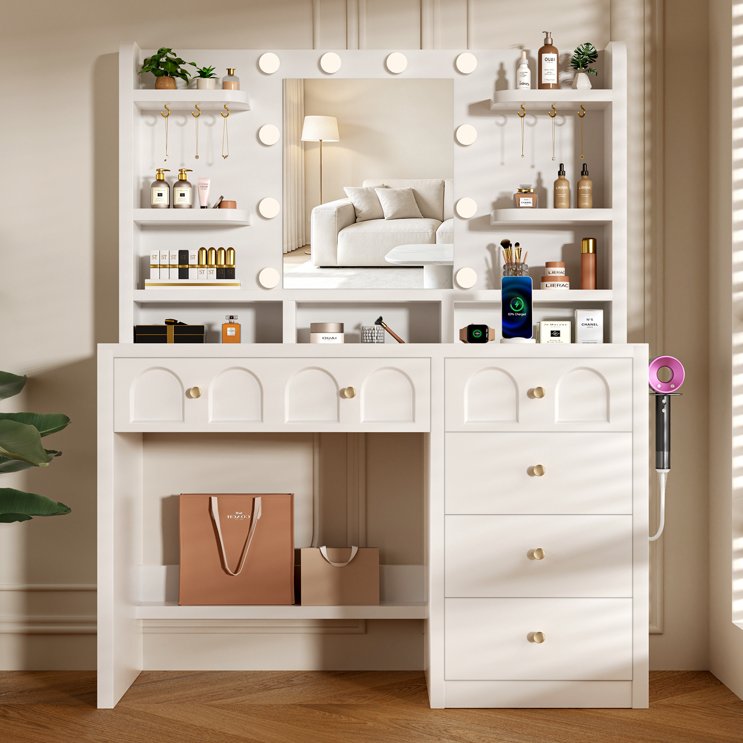 GTIMEX Schminktisch mit Spiegel und LED Beleuchtung, 3 einstellbaren Farb und Helligkeitsstufen, Frisiertisch mit 5 Schubladen, 8 offenen Ablagen,6 Schmuckhaken,Weiß,90*40*145CM