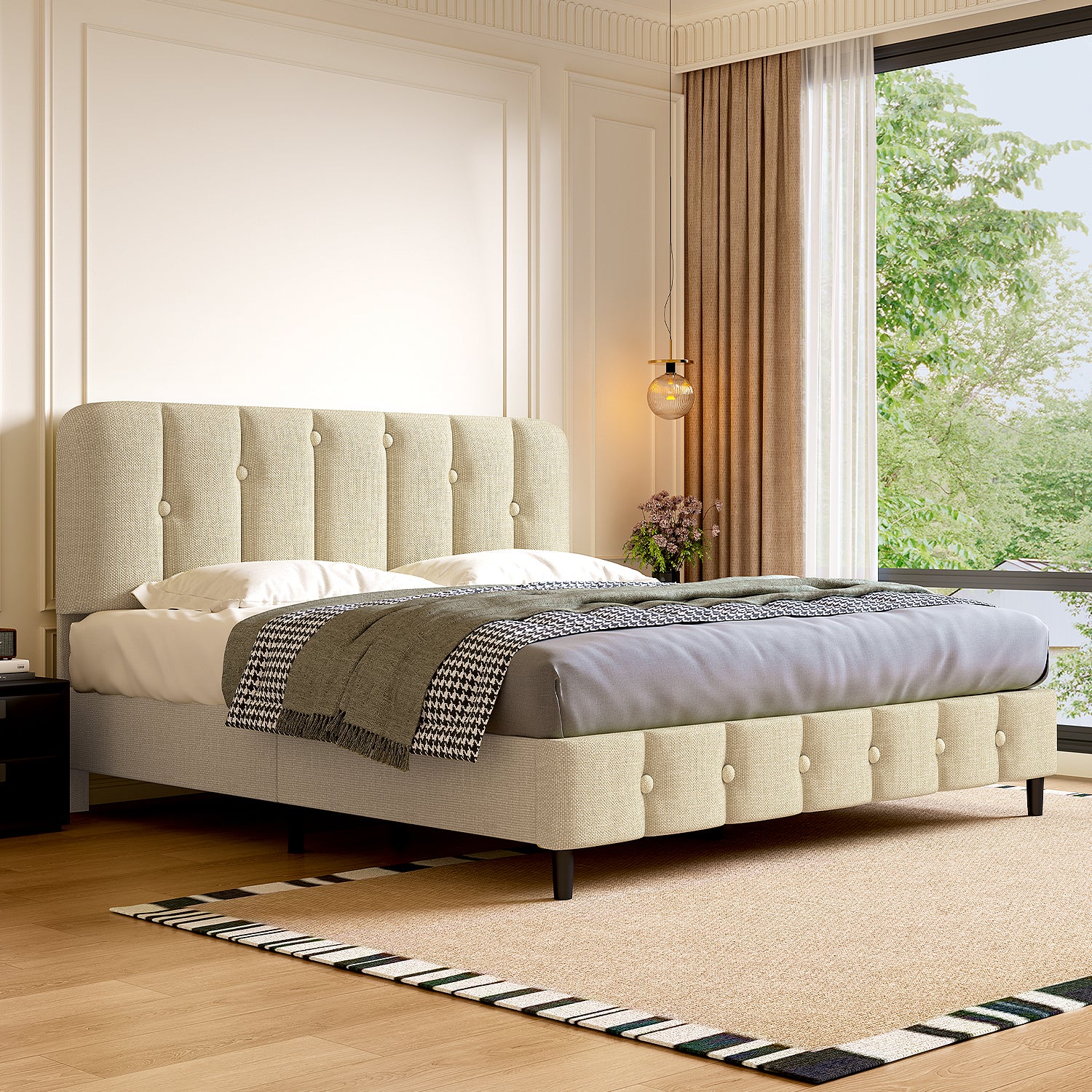 GTIMEX Polsterbett 140x200 cm Bett mit Lattenrost,Doppelbett mit gepolstertem Kopfteil, Einfache Montage, Robustes Gestell und Hochwertiger Leinenstoff,Beige