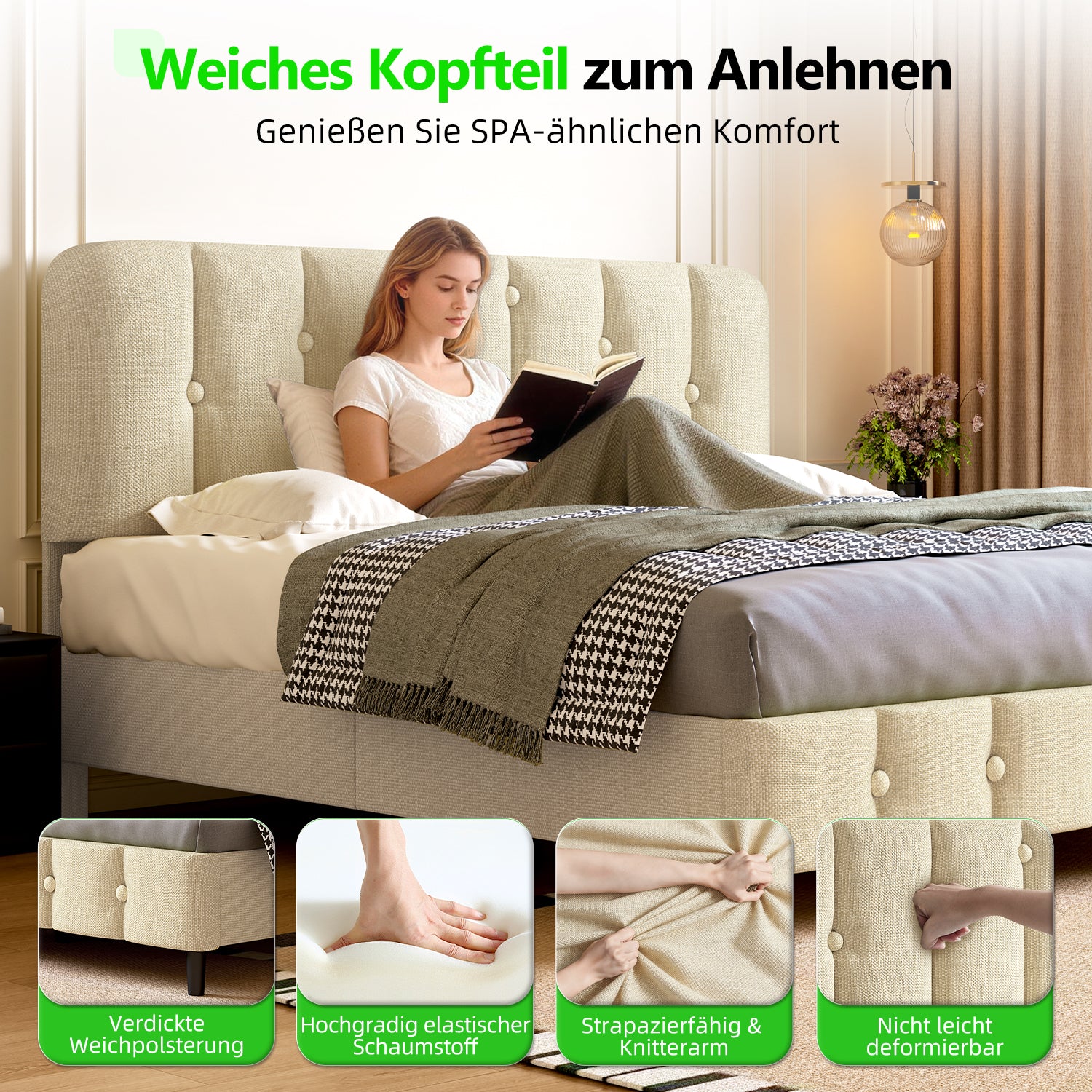GTIMEX Polsterbett 140x200 cm Bett mit Lattenrost,Doppelbett mit gepolstertem Kopfteil, Einfache Montage, Robustes Gestell und Hochwertiger Leinenstoff,Beige