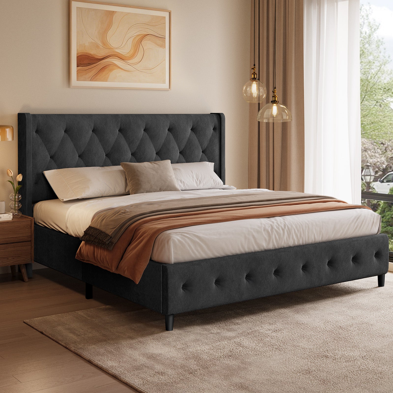 GTIMEX Polsterbett 140x200 cm Bett mit Lattenrost,Doppelbett mit gepolstertem Kopfteil, Massivholz-Lattenrost,Einfache Montage, Modernes Design, infache Montage,Robustes Gestell und Hochwertiger Samtstoff,Hellgrau