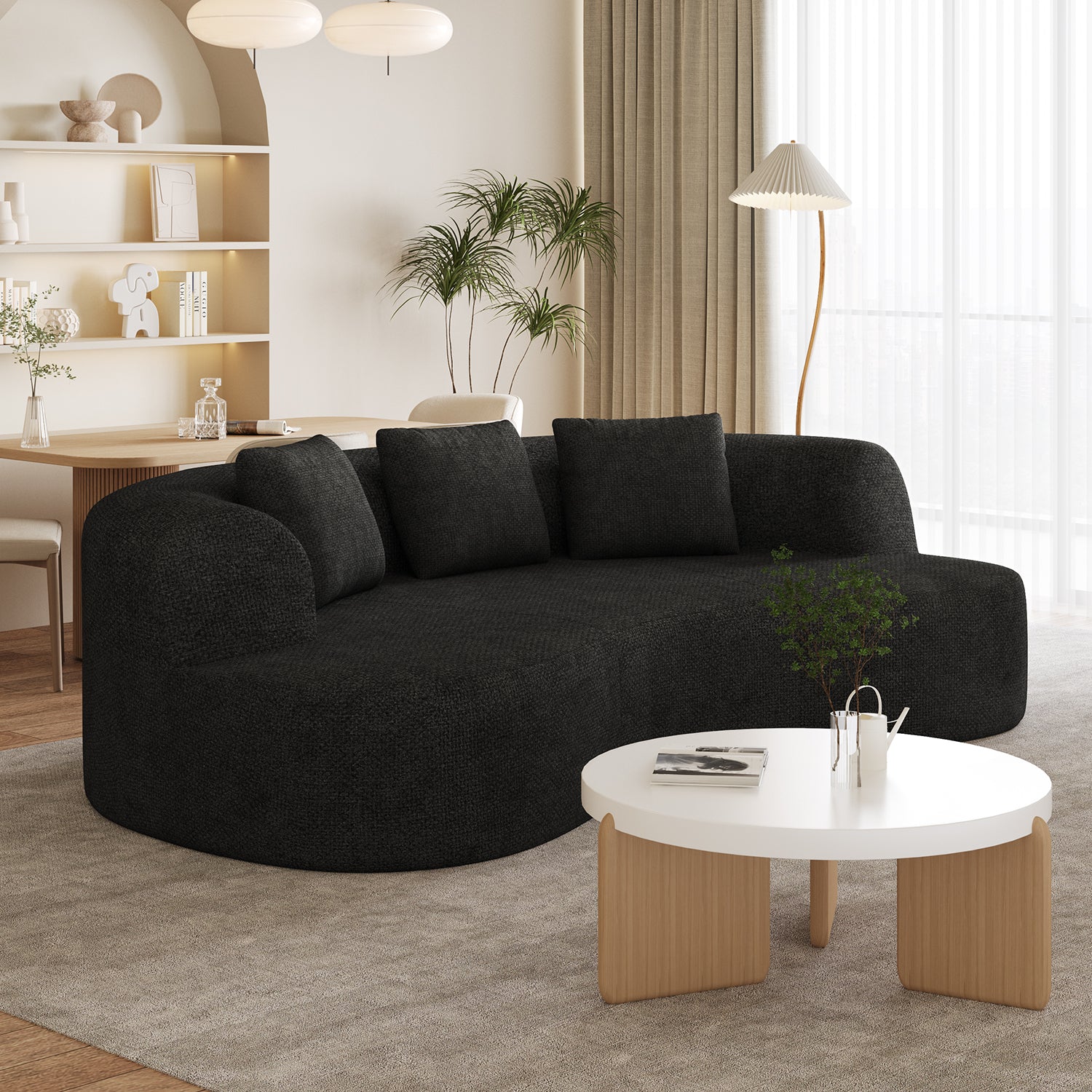 GTIMEX Zweisitzer Sofa, Chenille Modulares Sofa, Montagefrei Boneless Couch ohne Montage, Geschwungenes Design Polstersofa mit 3 Zierkissen für Wohnzimmer & kleine Wohnungen, Kompakt, Schwarz