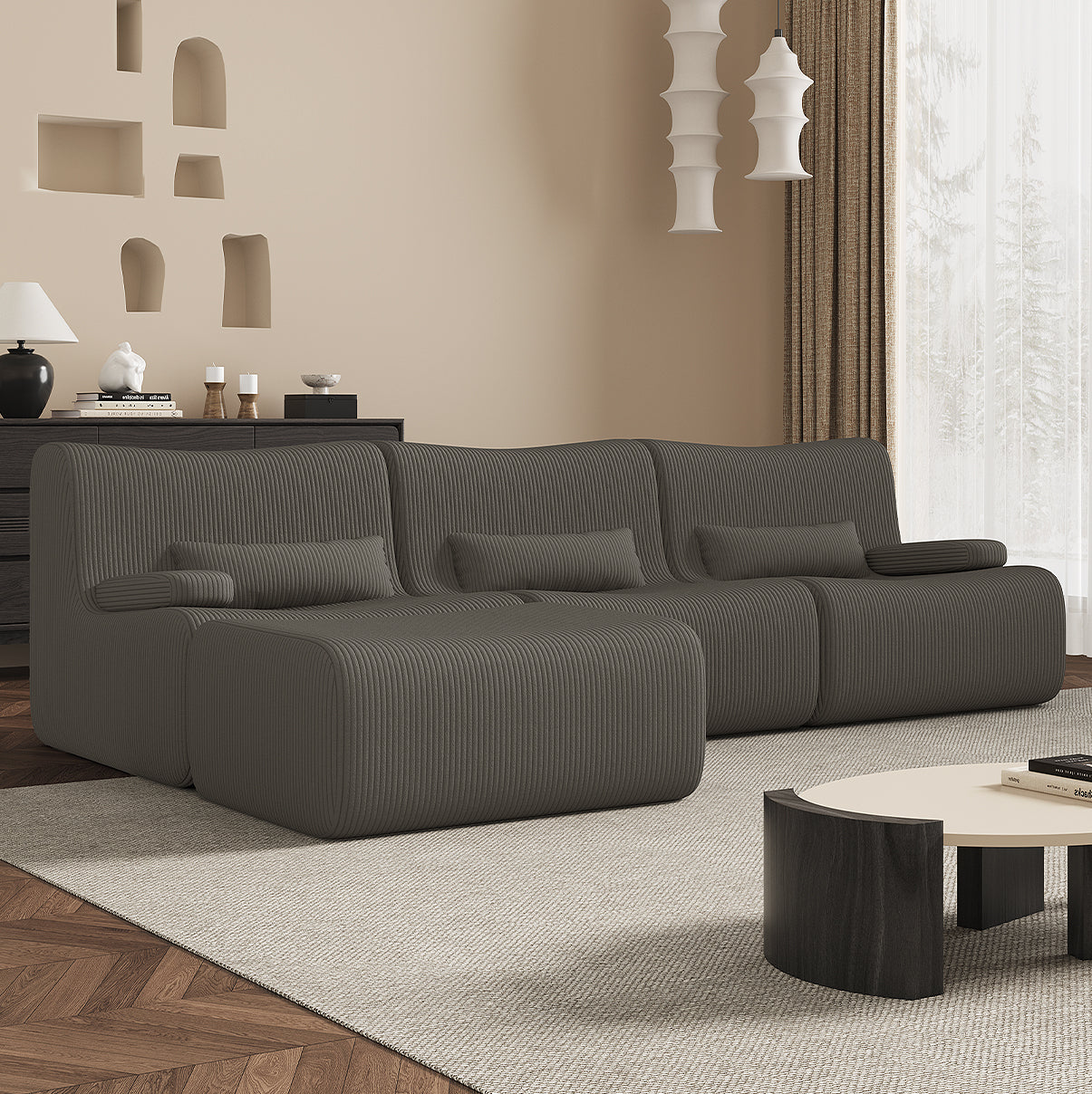 GTIMEX Ecksofa mit Schlaffunktion 250 x 170 x 76 cm, L-förmige Couch aus Cord,Memory-Schaumstoff, Tiefer Sitzfläche, Modulares Sofa mit Chaiselongue für Wohnzimmer und Schlafzimmer,Dunkelgrau
