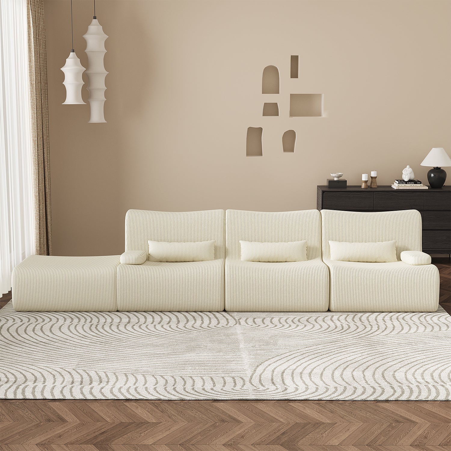 GTIMEX Ecksofa mit Schlaffunktion 250 x 170 x 76 cm, L-förmige Couch aus Cord,Memory-Schaumstoff, Tiefer Sitzfläche, Modulares Sofa mit Chaiselongue für Wohnzimmer und Schlafzimmer,Beige