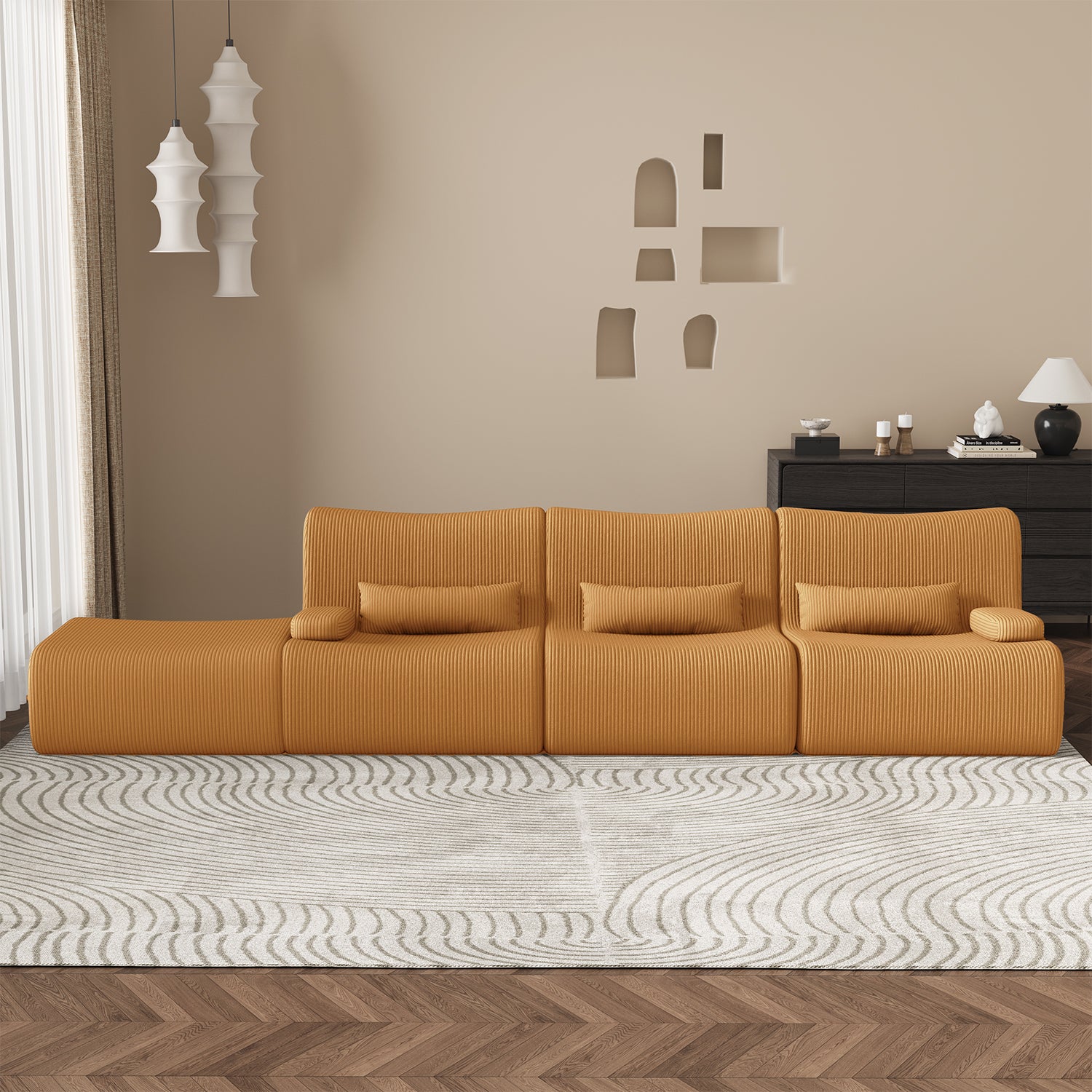 GTIMEX Ecksofa mit Schlaffunktion 250 x 170 x 76 cm, L-förmige Couch aus Cord,Memory-Schaumstoff, Tiefer Sitzfläche, Modulares Sofa mit Chaiselongue für Wohnzimmer und Schlafzimmer,Orange-Gelb